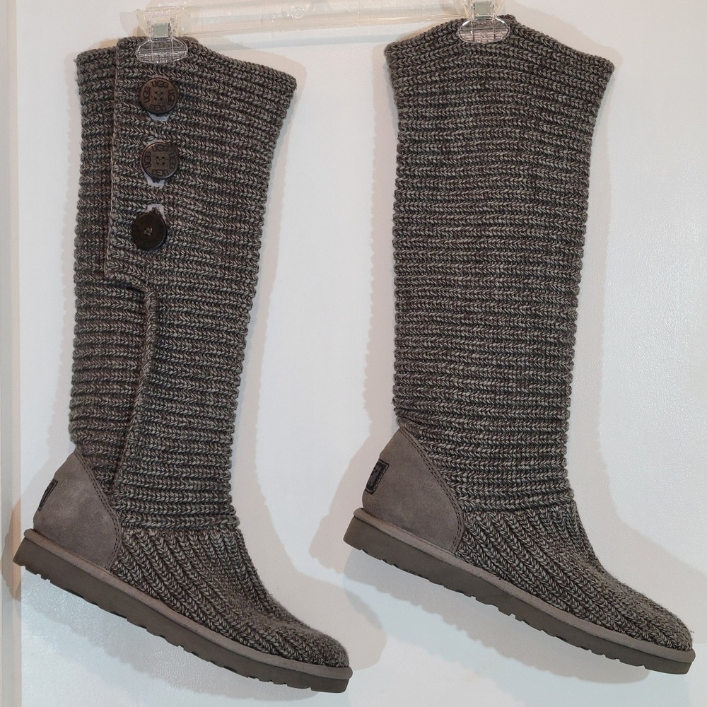 UGG Women 9 Australia Lattice Cardy Grey Knit Tall Button Boots Winter Cabincore